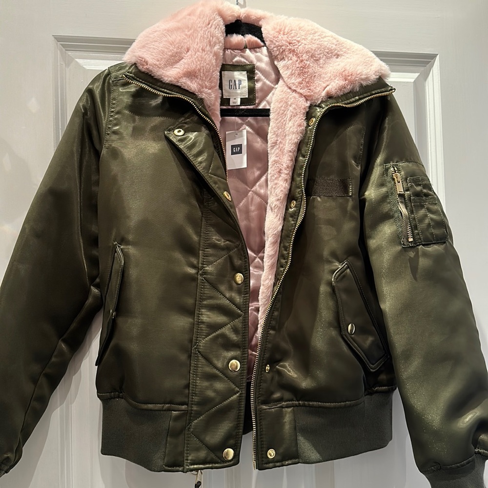 Gap green satin and fuzzy pink lined jacket!